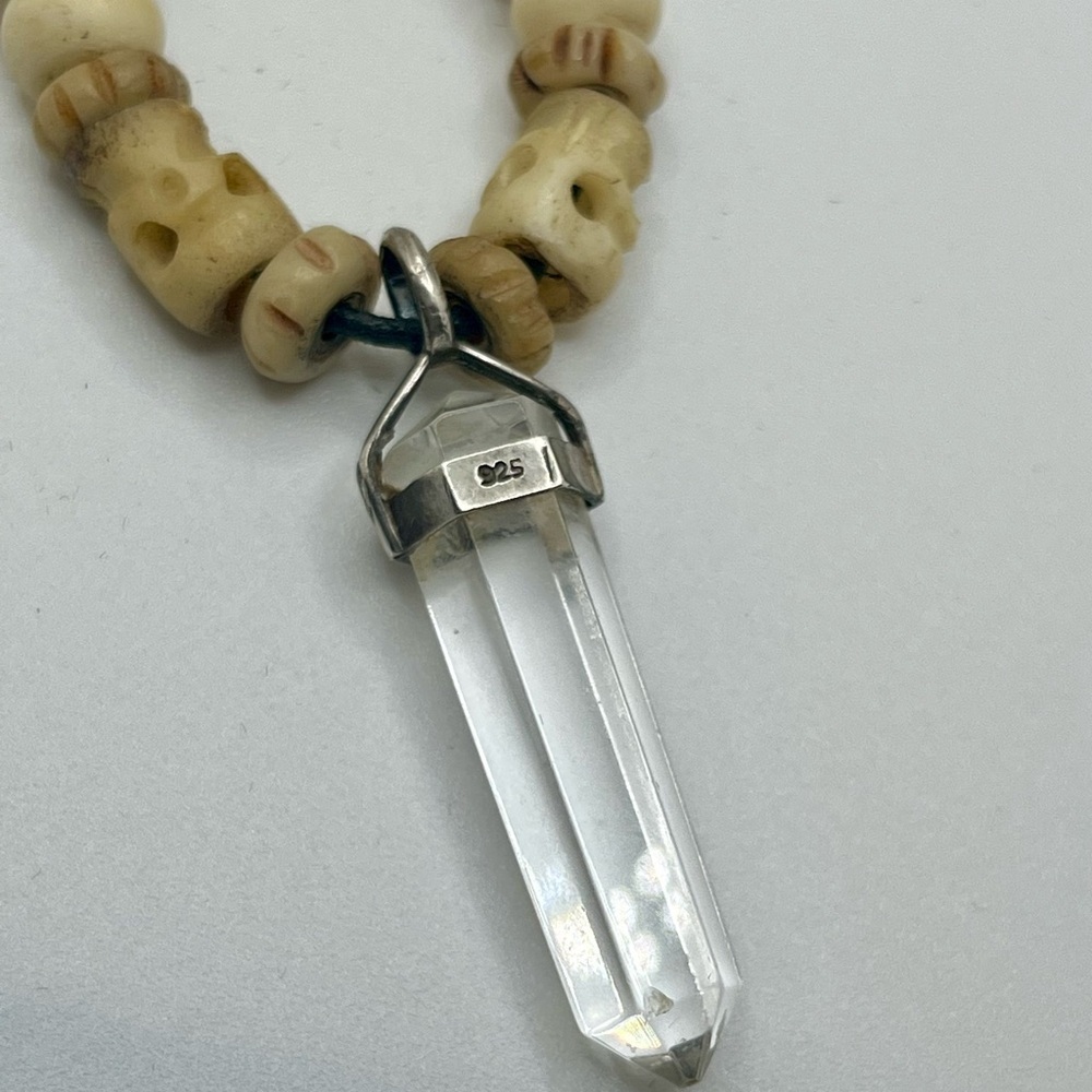 Vintage Bone Bead Necklace Sterling Silver Rock Crystal Quartz Pendant - Picture 7 of 13